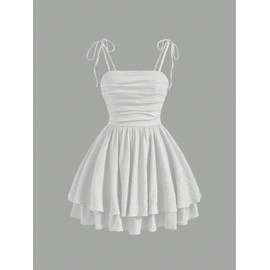 WDIRARA Women's Tie Shoulder Ruched Sleeveless Shirred Layered Ruffle Hem Cocktail Party Cami Dress White Large