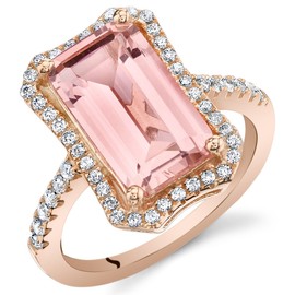 PEORA Simulated Morganite Ring 925 Rose Gold-tone Sterling Silver, Large 4.50 Carats total, Royal Octagon Design, Comfort Fit, Size 9, Pretty Peach Pink Ring, Promise, Engagement, Statement Ring