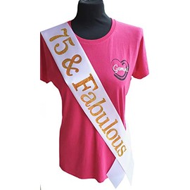 75th Birthday Sash - 75 & Fabulous Birthday Sash - Beautiful Quality White Ribbon and Holographic Gold Font - 75th Birthday Sash