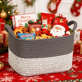 Tailoreadily Woven Storage Basket, Cotton Rope Closet Organizers Bins for Clothes Blanket Towels, Stylish Gift Baskets with Handles, 13.4 x 9.3 x 9.5 in, Grey and Dark Gray (Pack of 1)