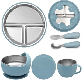 Platos de Acero Inoxidable para Bebe, Set de Alimentación para Bebé | Con Ventosa,Carcasa exterior Desmontable, Apta para Que los Niños Pequeños se Al
