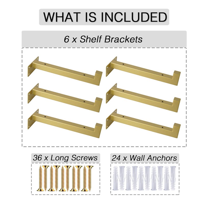 OVOV 6 Pack Gold Shelf Brackets 6 Inch Floating Shelf