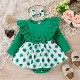 Infant Baby Girls Bodysuit Dress St. Patrick's Day Outfits Long Sleeve Four-Leaf Clover Print Dress and Headband (Green, 18-24 Months)