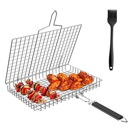 Newthinking BBQ Grill Basket for Vegetable and Fish, Portable Stainless Steel Folding Barbecue Grill Basket Net with Removable Handle for Roast Fish Vegetables BBQ Party
