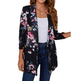 LADI TREND Women 3/4 Sleeve Business Casual Long Blazer Lightweight Fashion Open Front Stretch Suit Jacket *Floral,Size 2XL*