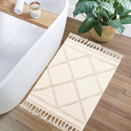 INKAROBOX Rug Runner Hallway, Boho Beige Tufted Cotton Rug with Woven Tassels, Washable Rug for Bathroom Kitchen Living Room Bedroom Hallway Dining Room (Beige, 60 x 90 cm)