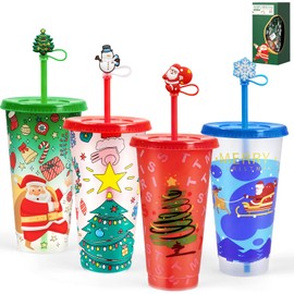 Christmas Color Changing Cups 4Pack with Lids Straws Caps 24oz