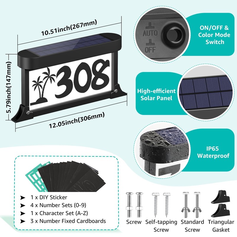 ASOMST Solar Address Sign, 3-Color Lighting Modes Mailbox Number Plaque