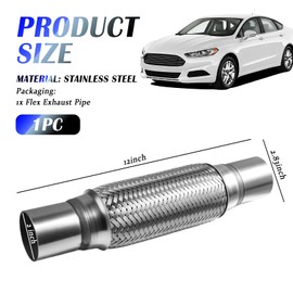 8" x 2" Stainless Steel Flex Pipe Exhaust,Double Braided Exhaust Flex Pipe Overall Length 12",Heavy Duty Exhausts Pipes Replacement Car Accessories for Most Cars,SUVs,Trucks