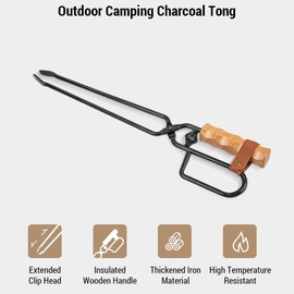 Fireplace Tongs, 18.5" Long Handle Charcoal Clip Firewood Log Grabber Tongs with Wooden Handle for Fire Pit, Campfire, BBQ & Grilling, with Duck-Billed Design for Indoor Outdoor Cooking