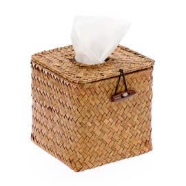 BTSKY Square Seagrass Tissue Box - Decorative Woven Basket Paper Holder Tissue Holder for Kitchen, Bathroom, Office and Hotel, Caramel