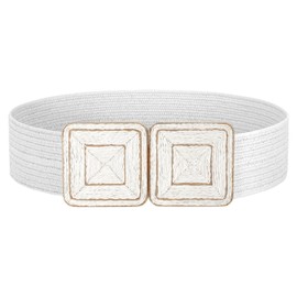 JASGOOD - Cinturones elásticos tejidos de paja para mujer, cinturón elástico ancho de ratán para vestir, estilo bohemio, para mujer, cinturón cuadrado trenzado de rafia, Blanco, 31-34W