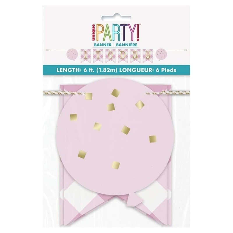 Pink Gingham 1st Birthday Pennant Banner (182cm) - Perfect for