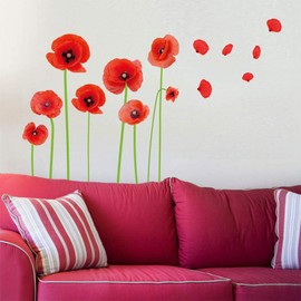 Esmee DIY Red Poppies Beautiful Flowers Vines Stick Wall Decals, Living Room Bedroom Children Room Nursery