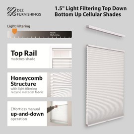 DEZ FURNISHINGS Cordless 1.5" Light Filtering Top Down Bottom Up Cellular Shade, 30" W x 84" H, White