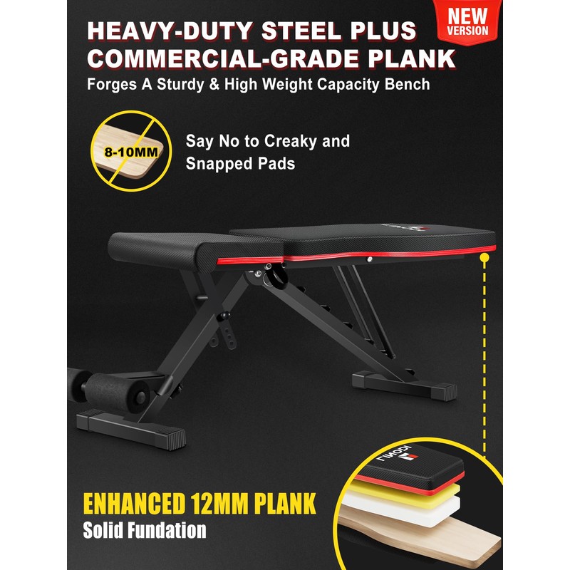 LINODI Adjustable Weight Bench for Home Gym，Foldable Incline Decline Flat