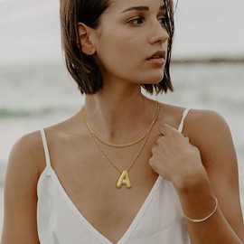Suyi Bubble Letter Necklace Gold Layered Initial Necklace for Women 18K Gold Plated Personlized Choker Necklace A