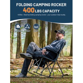 TIMBER RIDGE Folding Rocking Camping Chair, 400lbs Capacity Portable Oversized Outdoor Rocker with Hard Armrests, Cup Holder & Side Pocket, Quick-Fold Design for Outdoor, Patio, Lawn, Blue