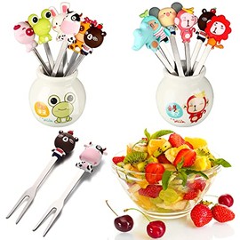 Fruit Picks for Kids Fruit fork Kids Toothpicks for Food Stainless Steel Bento Picks Cute Cartoon Animal Fruit Forks with Silicone Handles and Ceramic Storage Jars for kids (Monkey, Frog,2 Sets)