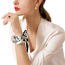 Camilife Women's Girls Faux Silk Long Slim Scarf Elegant Tie Scarf Gentle Hair Scarf Hair Band Hair Accessory Belt 6 x 150 cm - Floral Pattern, Floral Pattern - Black (6×150cm)