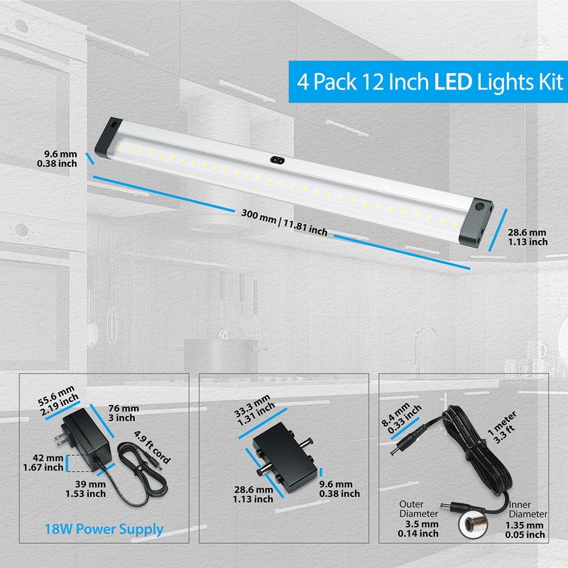 EShine Hand Wave Activated Under Cabinet LED Lighting Kit, Dimmable,