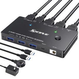 HDMI USB 3.0 KVM Switch for 2 Desktop or 2 Laptop HDMI2.1 KVM Switch 8K@60Hz with USB Cable, Wired Controller and Power Adapter