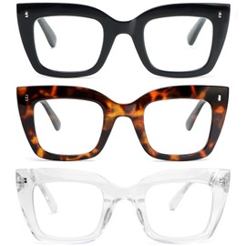 REAVEE 3 Pack Oversized Reading Glasses for Women, Blue Light Blocking Readers Stylish Large Frame Extra Wide Thick Eyewear, Black/Brown Leopard/Clear 2.0