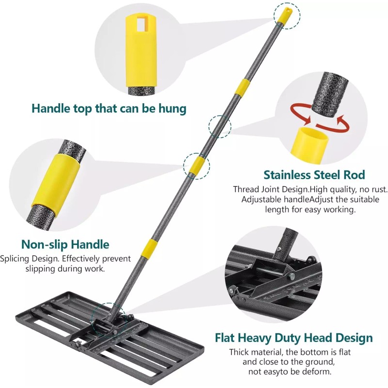 Nicecho Heavy Duty 17"x10" Lawn Leveling Rake w/ 60"L Adjust