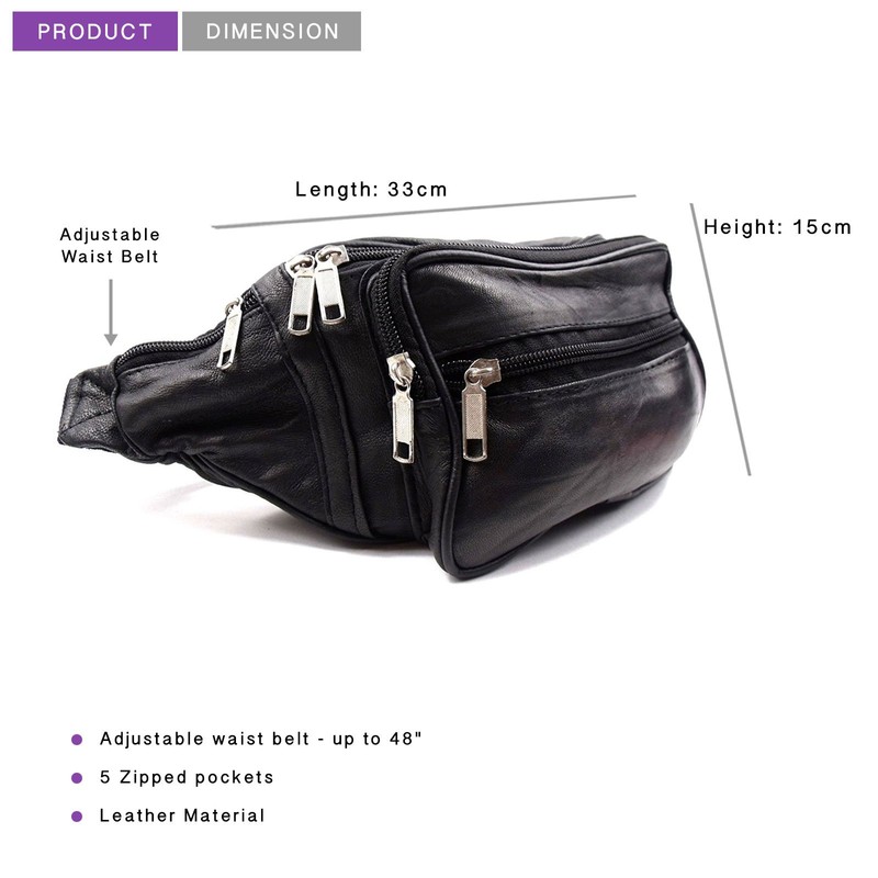 Leather Waist Bag Bum Bag Travel Pouch Pack 5 zips