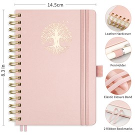 RETTACY Notebook A5 Bullet Dot Journals-Hardback Leather Grid Dotted Journal,Spiral Sketchbook 300 Pages Notepad for Work School,100gsm Thick Paper,Bookmark, Stencils, Inner Pocket - Rosegold
