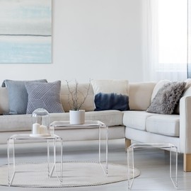 Barydat Set of 3 Nesting Tables Transparent Acrylic Side Table Modern Coffee Clear Desk with Round Corner Rectangle Clear Nightstand and Stool for Living Room Bedroom Home Office