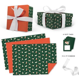 Itsy Belle Studio Dog Christmas Wrapping Paper Set, Double sided sheets with Dog theme and Plaid Patterns, 6 holiday Gift Tags, 19.5 ft white Ribbon