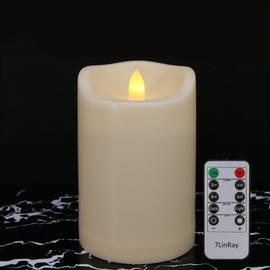 7LinRay Large Outdoor Waterproof Flameless Candles with Remote and Timers, Battery Operated LED Flickering Pillar Candles, Long-Lasting, Ivory Plastic, D 4" x H 6", 1 Pack