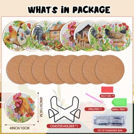 Sitsink Chicken Diamond Art Coasters - 8 Pcs Chicken Farm House Diamond Art Coaster Kits, DIY Diamond Dot Coasters Kits for Adult, Diamond Painting Coaster Kits with Holders Non-Slip Wooden Coasters