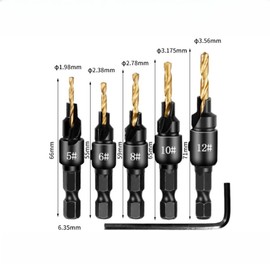 5 PCS Countersink Drill Bit Set, #5, #6, #8, #10, #12, High-Speed Steel Counter Sink Drill Bit Adjustable for US Wood Screw, Depth Adjustable, 82-Degree Chamfer, 1/4” Hex Shank