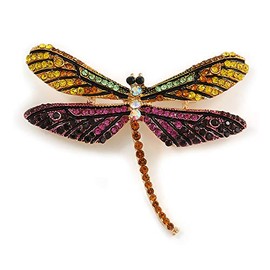 Statement Yellow/Green/Fuchsia/Black Crystal Dragonfly Brooch In Gold Tone - 60mm Across