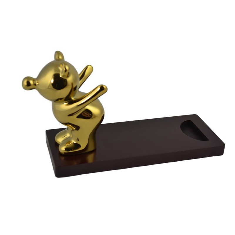 Wine Bodies 10" Polished Gold Bear on Wooden Base Bottle