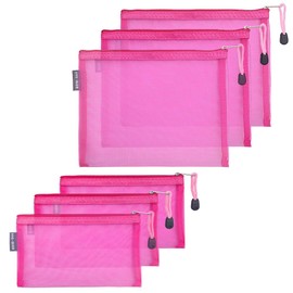 HRX Package Nylon Mesh Makeup Bags with Zipper, 6PCS Cosmetic Pouches Travel Organizer Case Hot Pink for Purse Diaper Bag (A5 x 3pcs, A6 x 3pcs)