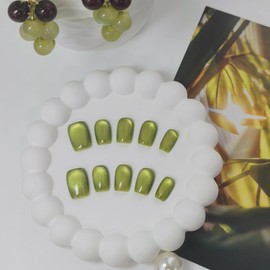 Cat Eye Press on Nails Handmade Short Oval/Square/Round False Nails with French Tip/Aurora/Magnetic Shimmer Designs (Shimmer#Lettuce, Medium)