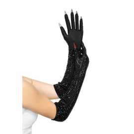 YUANTONG Long Black Sparkly Gloves with Rhinestone Embellishments Red Tips Nails Costume Accessory