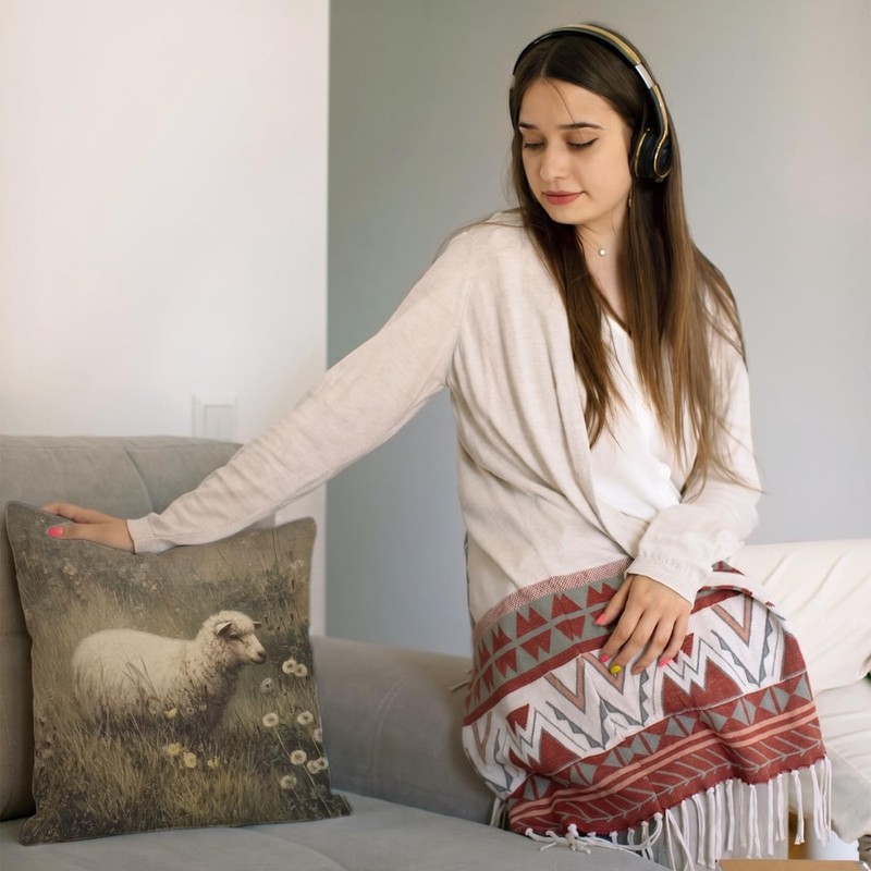 QIYUHOY Rustic Farmhouse Sheep Throw Pillow Cover, 18x18 Inch