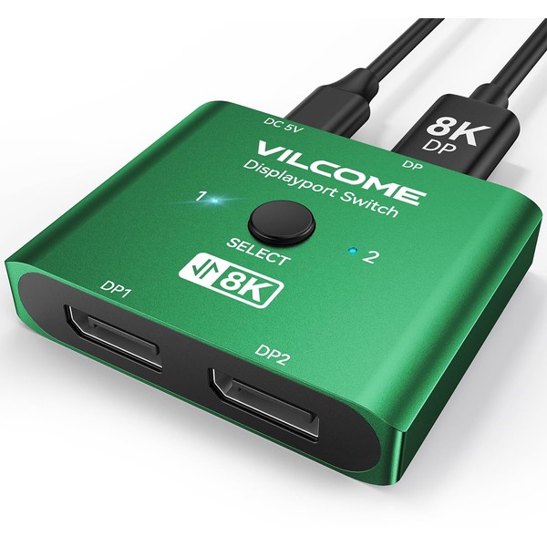 Vilcome DisplayPort Switch 8K Splitter, Plug & Play, One-Button Switching,