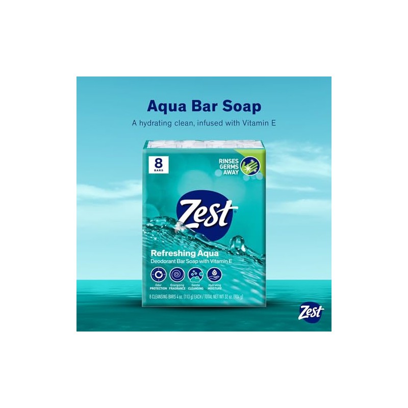 Zest 8-Bar Bath Size Soap, Aqua, 4 Ounce