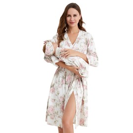Galabloomer Maternity Robe and Baby Receiving Blanket, Matching Mommy Labor Delivery Robe and Swaddle Set Floral