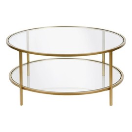 Pemberly Row 36" Round Modern Coffee Table with Tempered Glass Top & Metal Base, Open Shelf, Easy Assembly, in Brass/Hand Crafted Gold Finish