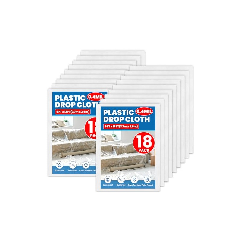 18 Pack Plastic Drop Cloth, 9 x 12 Feet Plastic