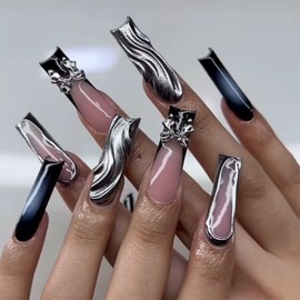 IMRAIN Press on Nails Long Square Fake Nails Black French Nails Tips Full Cover Glossy Silver 3D Chrome Wave Glossy Glue on Nails Acrylic Squoval Extra Long False Nails with Bow Designs 24Pcs