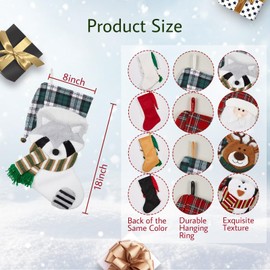 Munidow 4 Pack Christmas Stocking with Bell, 3D Plush Character, 18'' Xmas Stockings with Raccoon Penguin Reindeer Santa Claus and Plaid Cuff Stockings for Stairs Fireplace Hanging Xmas Home Decor