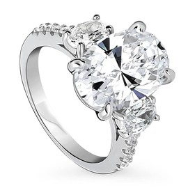 BERRICLE Sterling Silver 3-Stone Wedding Engagement Rings 5.5 Carat Oval Cut Cubic Zirconia CZ Statement Cocktail Anniversary Ring for Women, Rhodium Plated Size 6