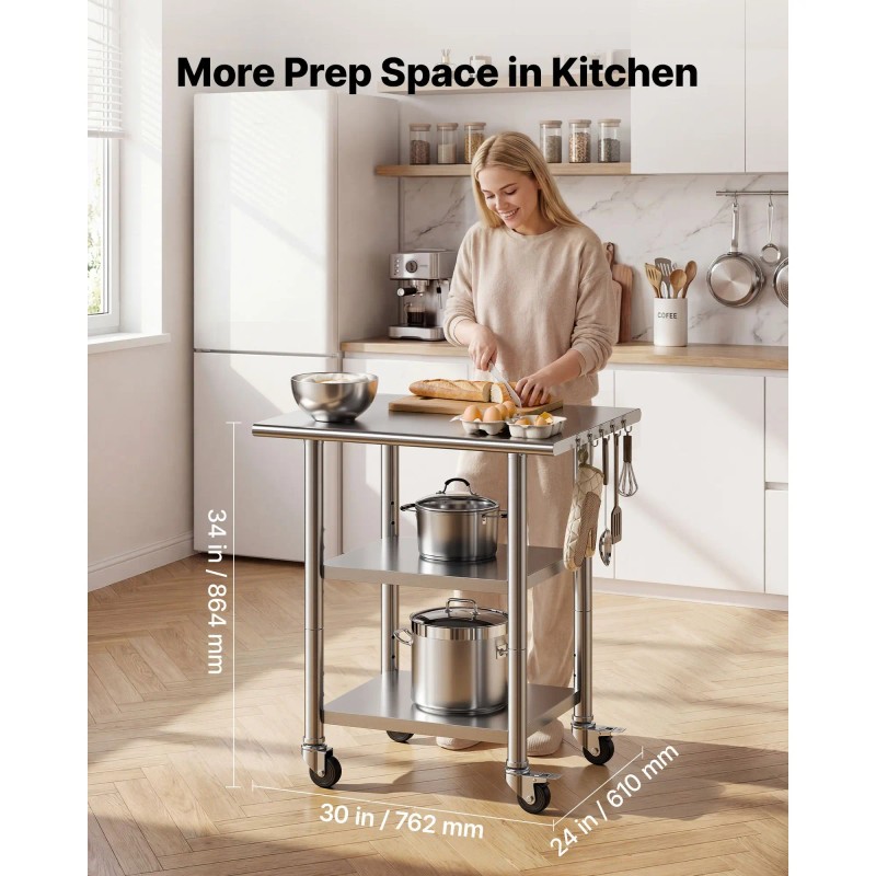 24x30 Inch Stainless Steel Work Table with 2 Shelves Wheels